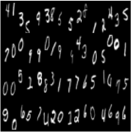 A grid of 16 handwritten digits from the MultiMNIST dataset