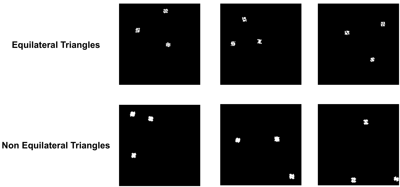 Grid of black images with small white shapes representing triangle vertices
