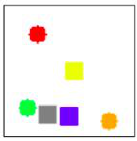 An image from the Sort-of-CLEVR dataset showing several geometric shapes of different colors, accompanied by examples of relational and non-relational questions.