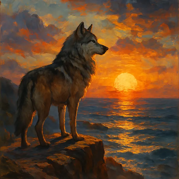 wolf, sunset, sea, monet II