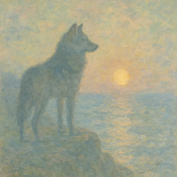 wolf, sunset, sea, monet