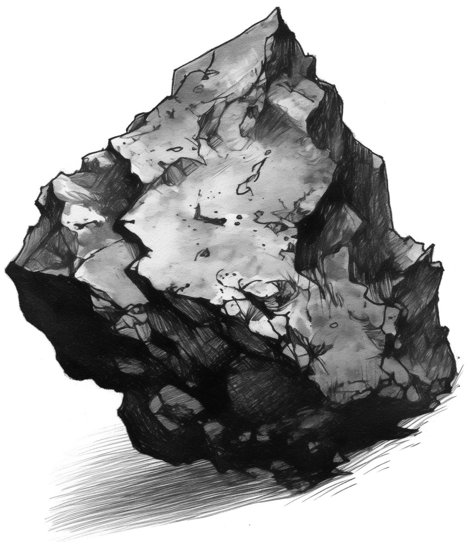A detailed black and white sketch of a jagged rock
