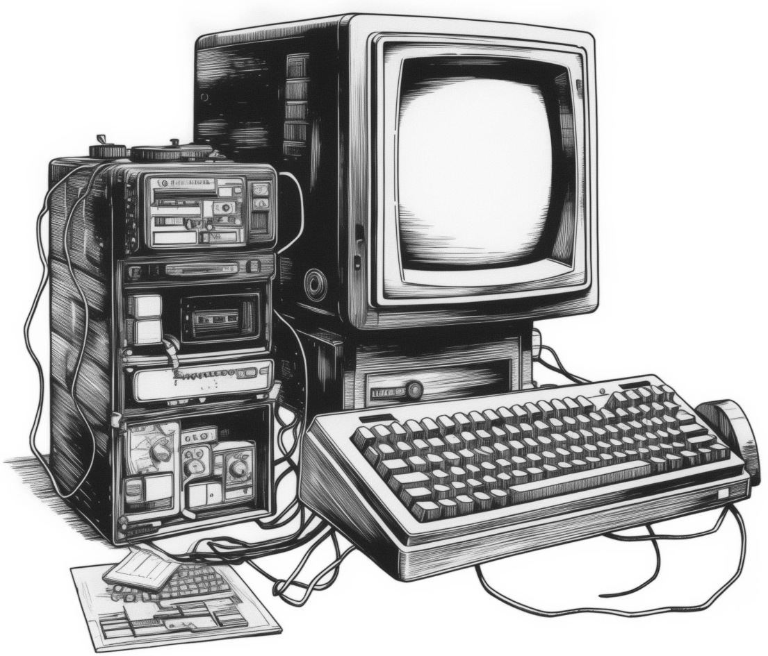An illustration of a vintage personal computer setup with a monitor, keyboard, and stacked electronic components.