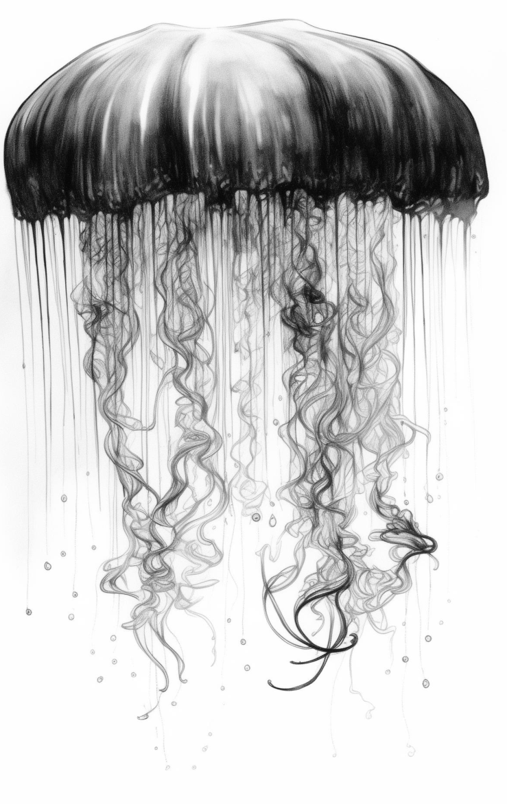 A black and white illustration of a box jellyfish with long, trailing tentacles.