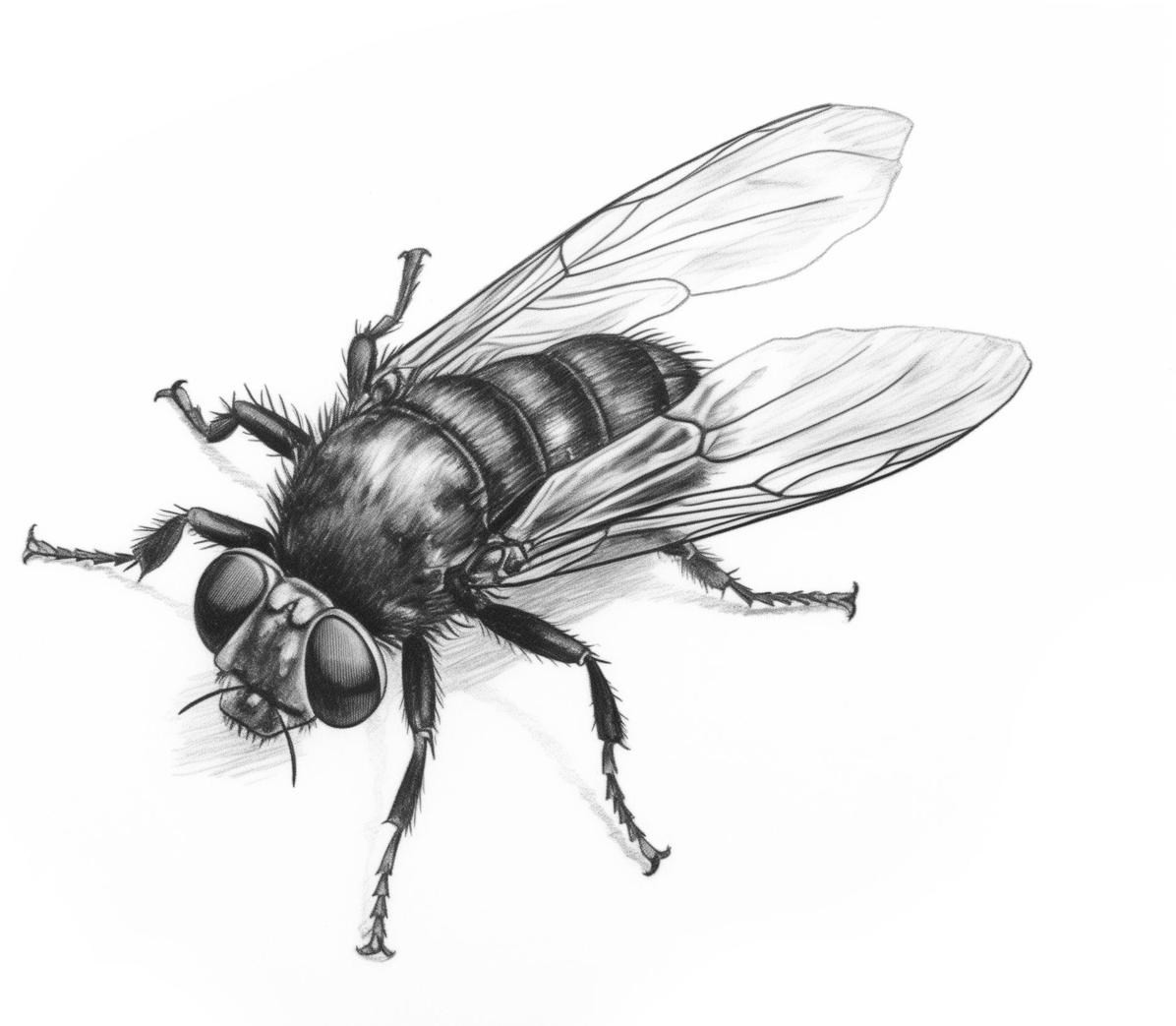 A detailed anatomical drawing of a housefly.