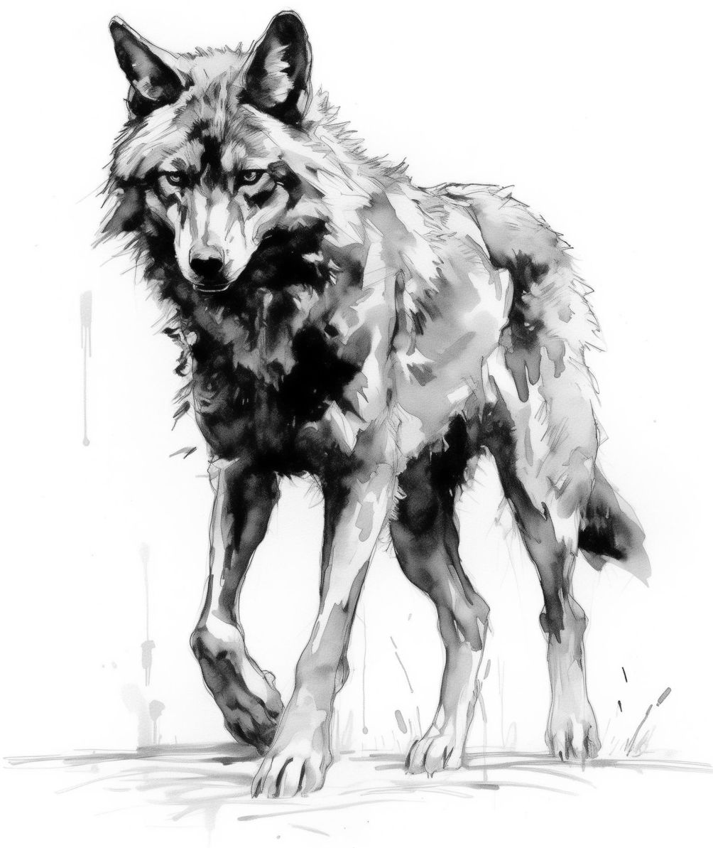 An artistic ink-wash illustration of a wolf walking forward