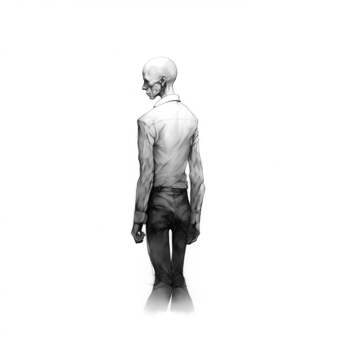 A monochromatic, sketch-like illustration of a slender person from behind, looking slightly to the side.