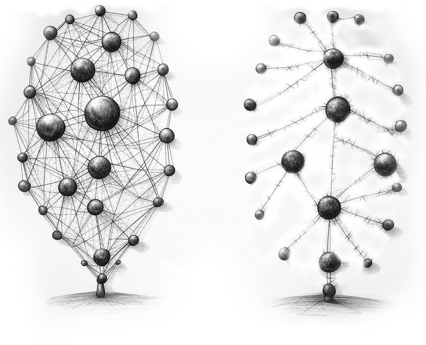 Two diagrams comparing a highly interconnected network on the left and a tree-like hierarchical network on the right.