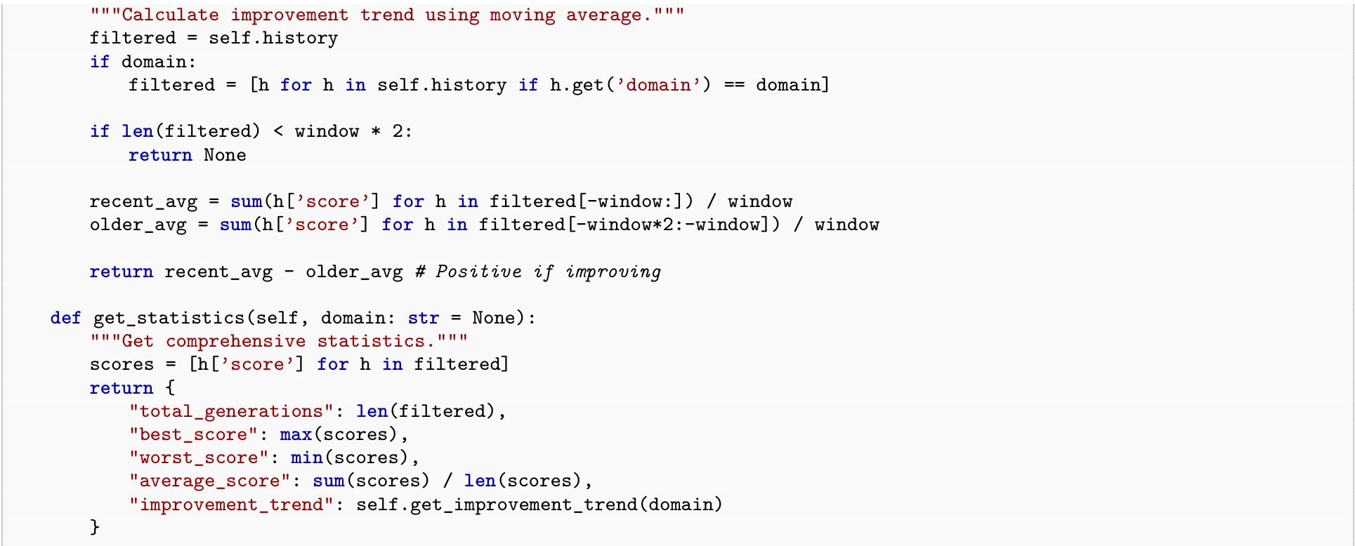 Python code showing methods for calculating improvement trends and gathering statistics from history.