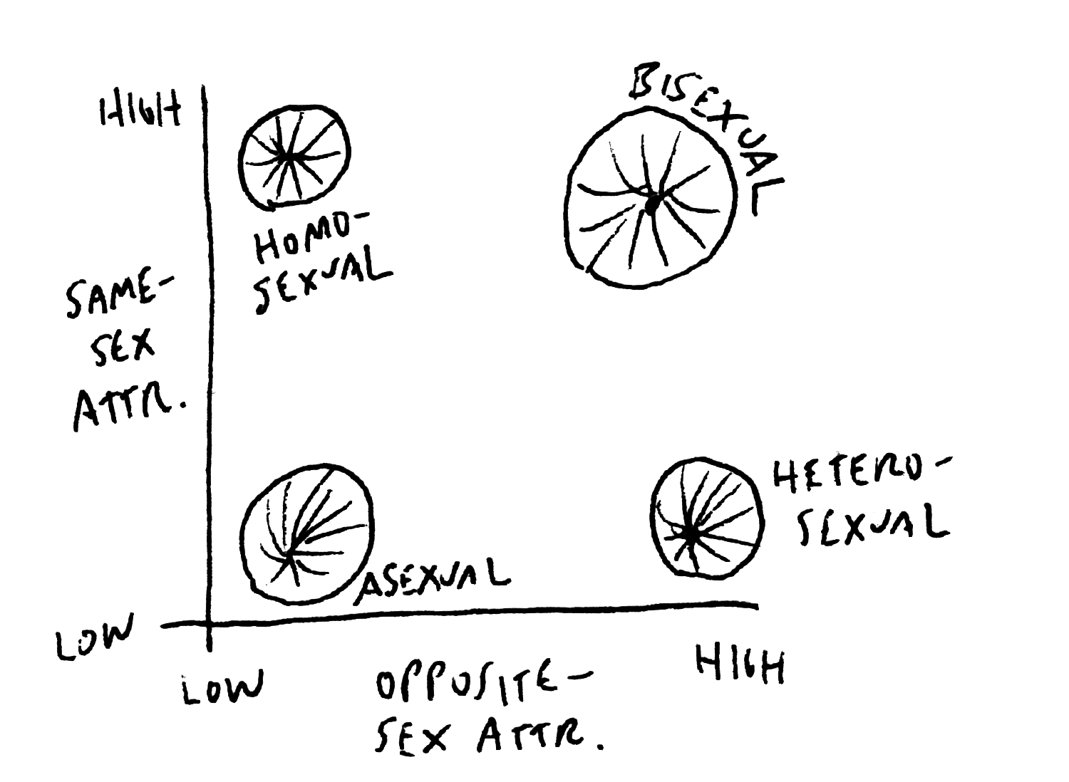 This hand-sketched diagram has two axes, same-sex attraction from low to high, and opposite-sex attraction from low to high. The plot shows the region divided into regions labeled “homoflexible,” “bisexual,” “bi-comfortable,” “heterosexual,” “demi-sexual,” and “asexual,” showing that one can loosely organize various sexual identities across the degree to which a person experiences high or low same- and opposite-sex attraction. It also indicates a spectrum from asexual to demisexual to bisexual along the diagonal.